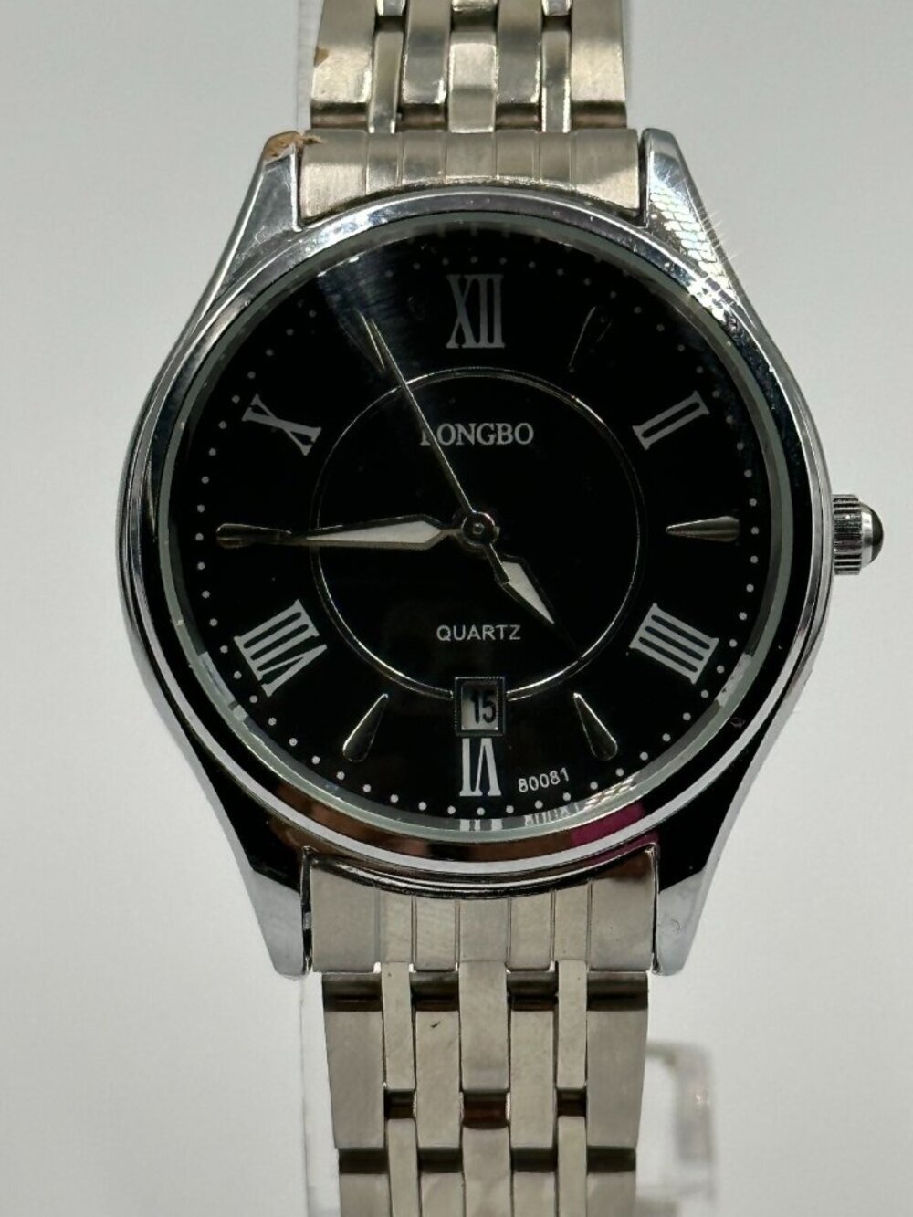 3/$30 Longbo Watch Men Silver Tone Black Dial Date Window 29MM New Battery 8”